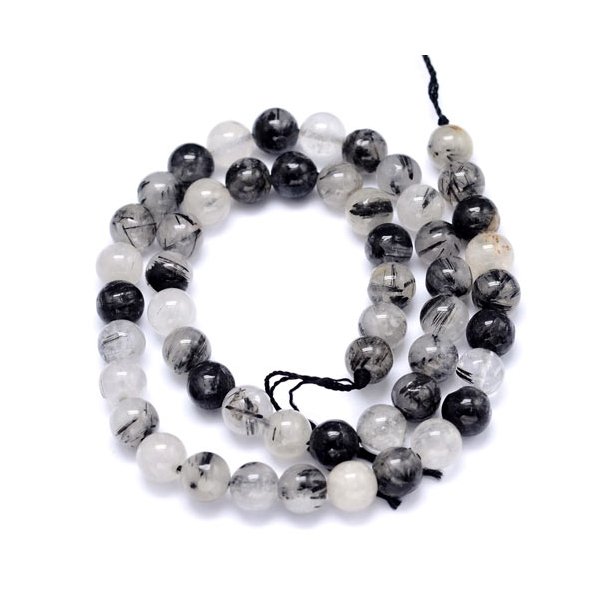Rutilkvarts, halv streng, rund perle, klar med sorte striber, 6 mm, 31 stk