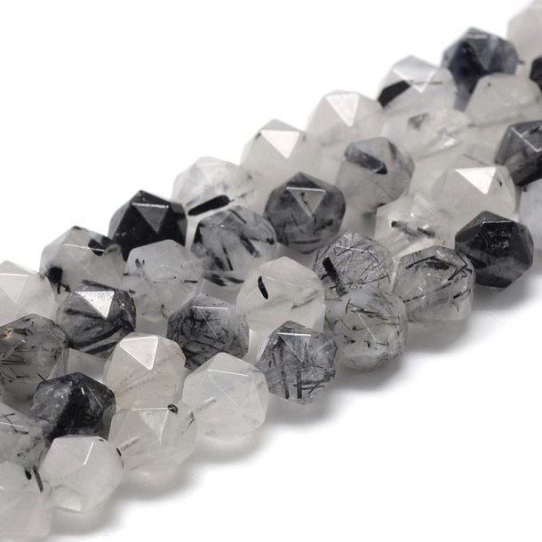 Rutilated Quartz, entire strand, black-grey, facted nugget bead, appx. 8x7mm, 6 pcs