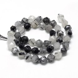 Rutil-Quarz, ganzer Strang, schwarz-grau, facettierte unebene Perle, ca. 8x7 mm, 44 Stk