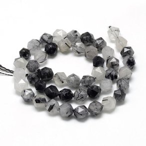 Rutil-Quarz, ganzer Strang, schwarz-grau, facettierte unebene Perle, ca. 8x7 mm, 44 Stk