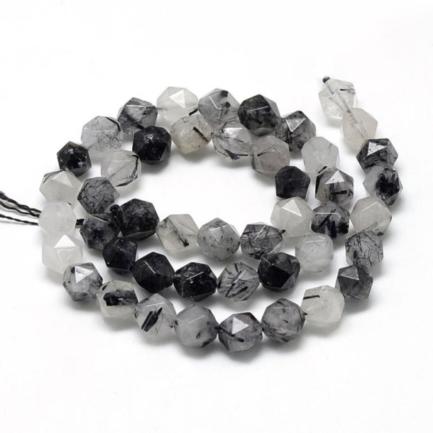 Rutilated Quartz, entire strand, black-grey, facted nugget bead, appx. 8x7mm, 44 pcs