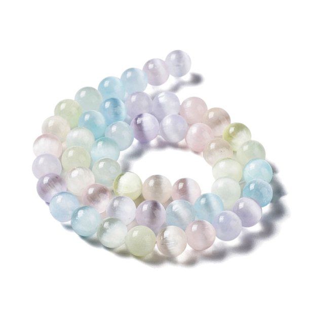 Selenite, dyed, whole bead strand, mix light pastel colors, round bead, 8 mm, approx. 48 pcs