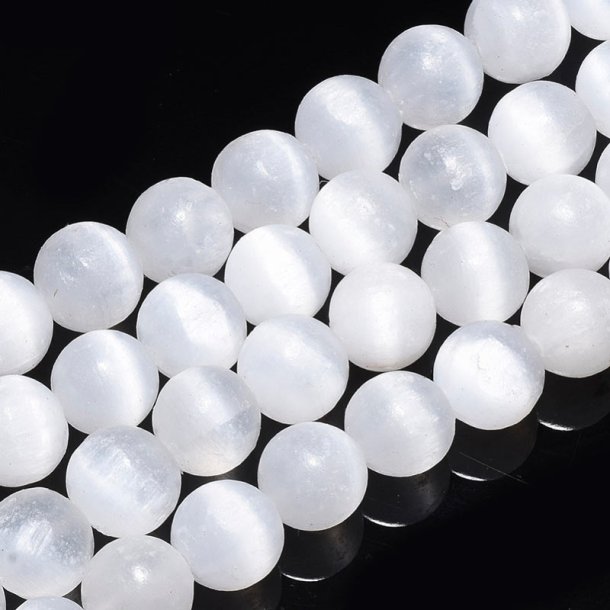 Selenite, white fibre optic, round bead, 10 mm, A-grade, 6 pcs