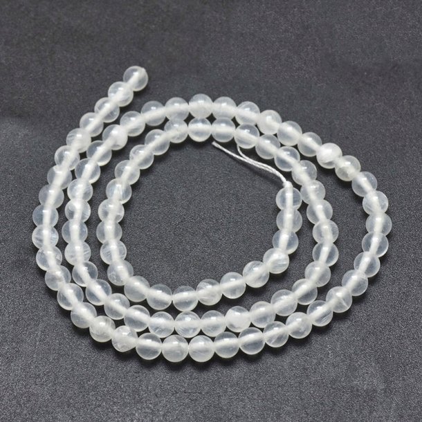 Selenite, full strand, milky white, semi-transparent round, 4 mm, appx. 90 pcs