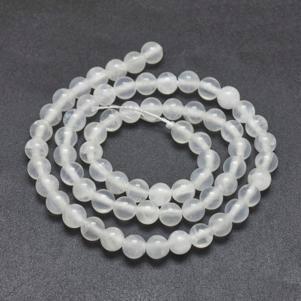 Selenite, full strand, milky white, semi-transparent round, 6 mm, appx. 65 pcs