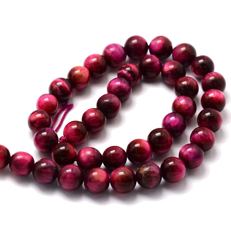 Tigerøje Perle, Hel Streng, Farvet, Mørk Pink/fuchsia, Rund, 8 mm, 48 Stk til Smykkefremstilling