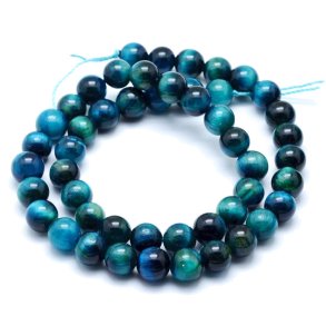Tigerauge, ganzer Strang, gefärbt, blaugrün, runde Perlen, 8 mm, ca. 47 Stk.