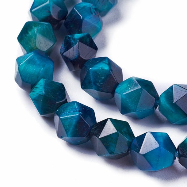 Tiger eye beads, dyed, dark turquoise-blue, uneven faceted, 6 mm, 10 pcs
