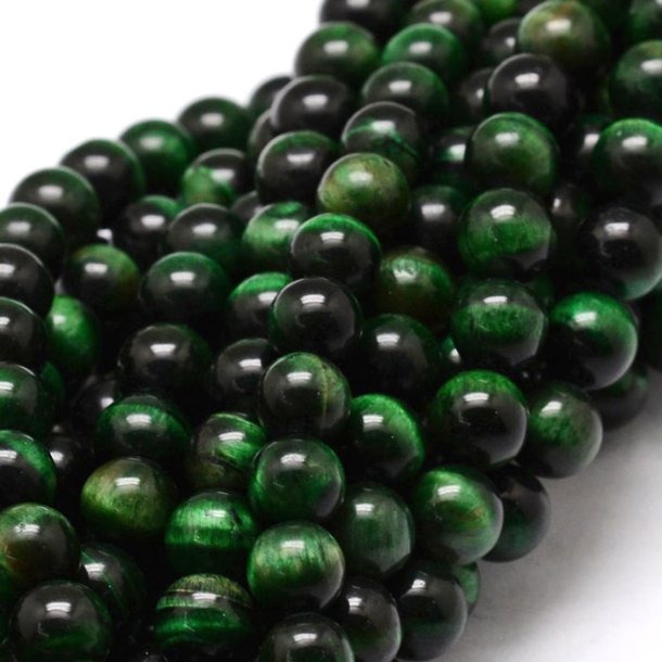 Tiger's eye beads, dyed, dark green, round bead, 8mm, 6 pcs