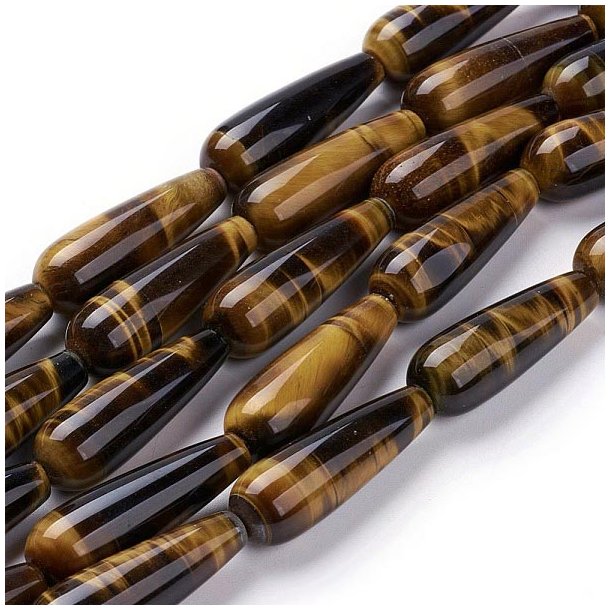 Tiger eye, long drop, yellow and brownish shimmering, 30x10mm, 2pcs.