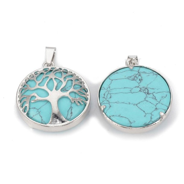 Silverplated pendant, turquoise imitation, round with tree of life, 30.5x27x8mm, 1pc.