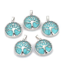 Versilberter Anh&auml;nger, T&uuml;rkis imitat, rund mit Baum des Lebens, 30.5x27x8mm. 1 stk