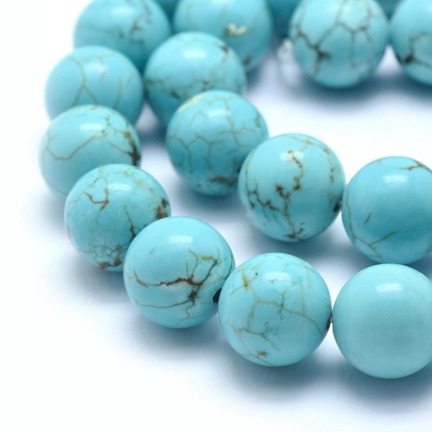 Stenperle, rund turkis, indfarvet howlit, 12 mm, 6 stk.