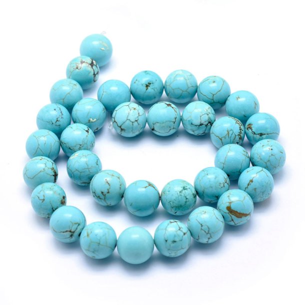 Stenperle, hel streng, rund turkis, indfarvet howlit, 12 mm, 32 stk.