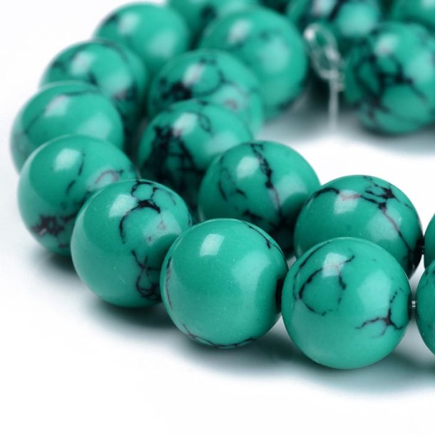 Stone bead, round, dyed, dark turquoise, black-marbled, 8 mm, 6 pcs