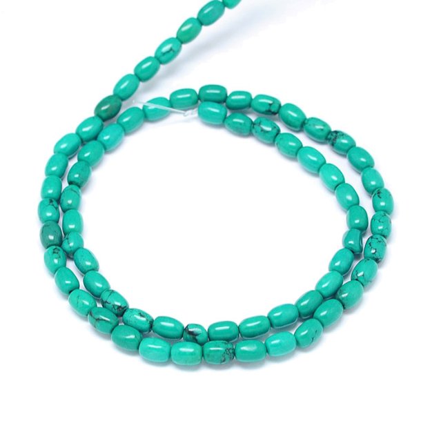 Turqoise, dyed, entire strand, greenish turquoise, barrel shaped, 6x4mm, ca. 69pcs.