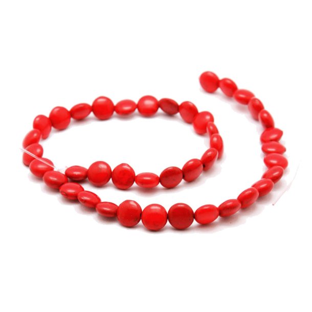 Dyed synthetic turquoise, red, full strand, round and flat, 10x5mm, approx. 40 pcs.