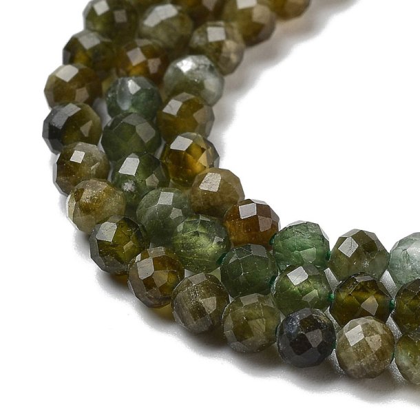 Tourmaline, dark green, natural, full bead strand, round, faceted, appx 3,5mm. 115pcs