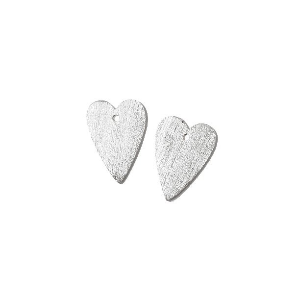 Silver heart, brushed with hole, 15x10mm, 2pcs.