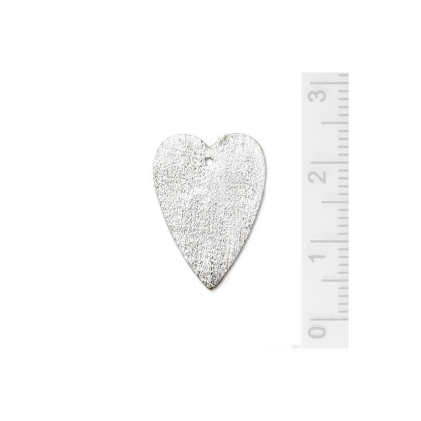 Silver heart, brushed, long with hole, 20x14mm, 1pcs.