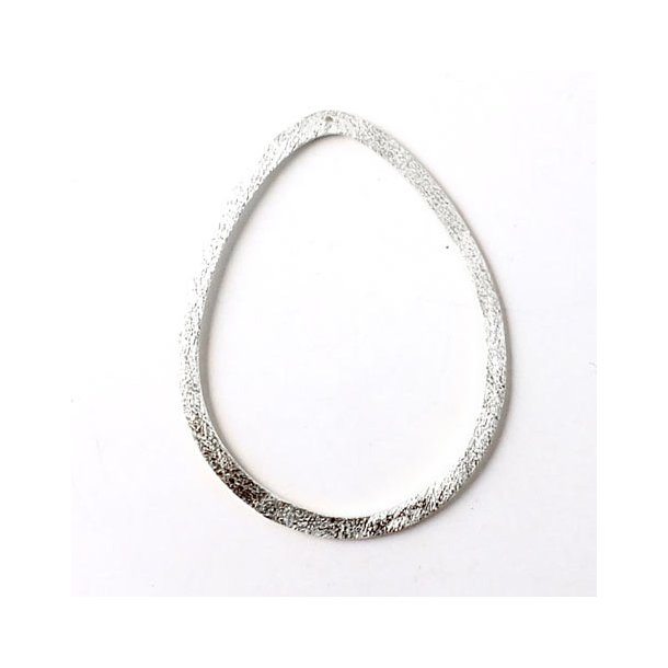 Silver teardrop-shaped outline, brushed, flat with 0,9mm hole at the top, 38x30mm. 1pc.