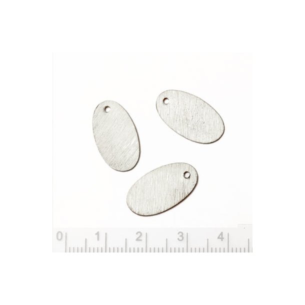 Silver-plated brass, oval drop with hole, brushed surface, 18x11mm, 6pcs