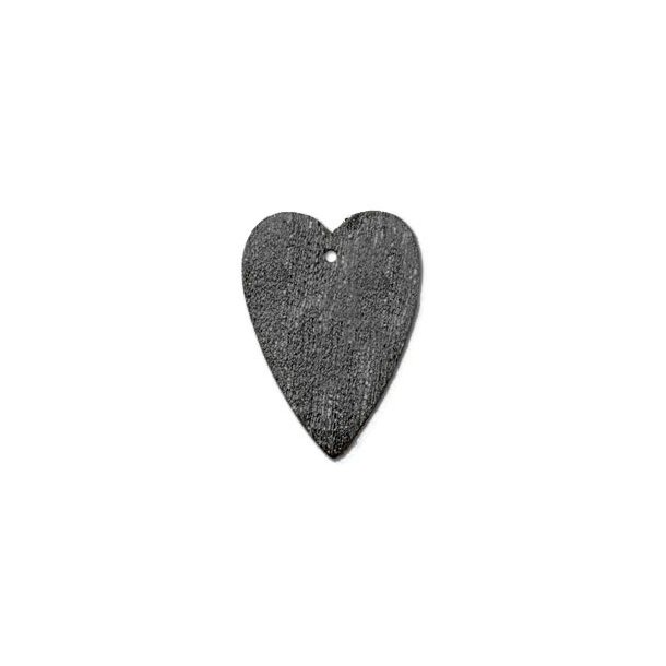 Silver heart, black oxidised, long, brushed with hul, 20x14mm, 1pcs.