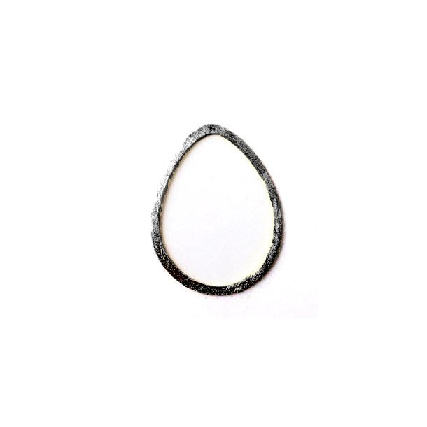 Silver teardrop-shaped outline, black oxidised, flat, large, brushed with 0,9mm hole at the top, 38x30mm. 1pc.