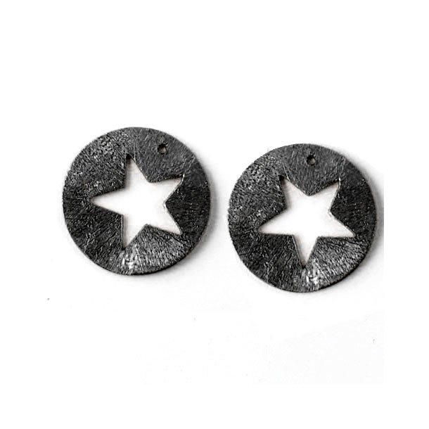Silver coin, black oxidised, brushed with star carving, 12mm, 2pcs.