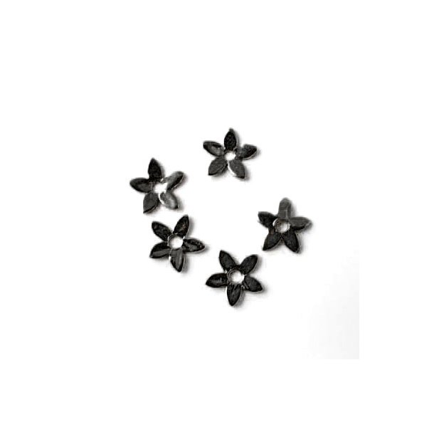 Black silver, shiny 5-leaf flower/star, 7mm, 4pcs.