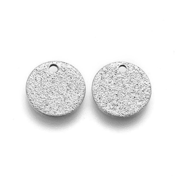 Steel coin, platinum color, stardust surface, 10mm, with hole at the edge, 4pcs