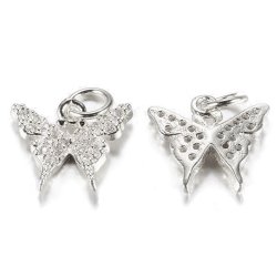 Schmetterling mit Zirkonia, Platinfarbenes Messing mit &Ouml;se, 11x12x2,5 mm, 2 Stck