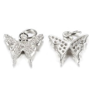 Schmetterling mit Zirkonia, Platinfarbenes Messing mit Öse, 11x12x2,5 mm, 2 Stck