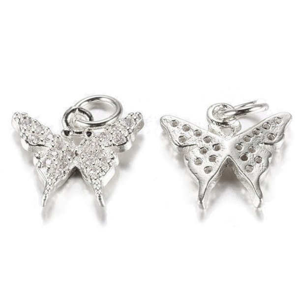 Butterfly with zirconia, platinum plated brass, pendant with eyelet, 11x12x2,5 mm, 2 pcs