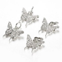 Schmetterling mit Zirkonia, Platinfarbenes Messing mit &Ouml;se, 11x12x2,5 mm, 2 Stck