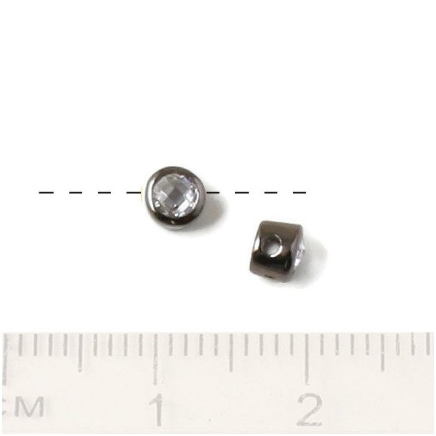 Lille perle med indfattet krystal, oxyderet slv, 4x3 mm, 2 stk