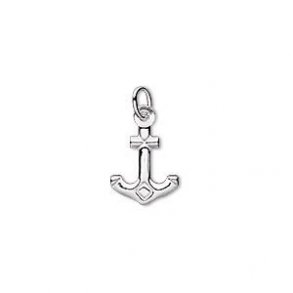 Small anchor pendant, double-sided, silver-plated brass, 15x10 mm, 2 pcs.