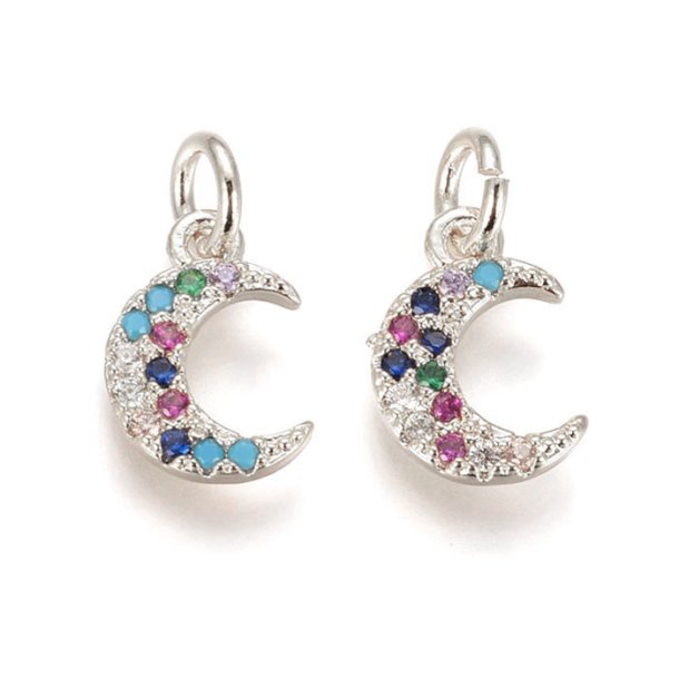 Crescent moon with 13 zirconia and jumpring, silver plated brass, 11x8x2mm, 2pcs