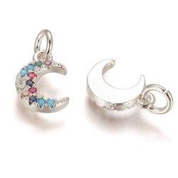 Halbmond mit &Ouml;se, versilbertes Messing, Anh&auml;nger mit 13 Zirkonia, 11x8x2 mm, 2 Stk