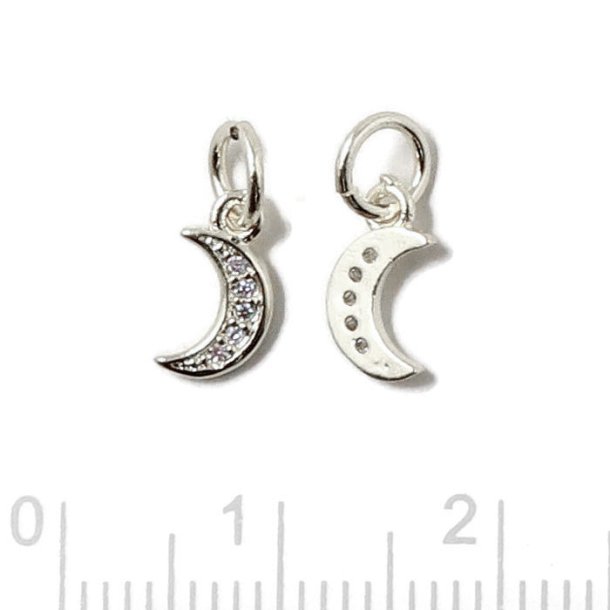 Crescent moon with zircon and jump ring, stainless steel, 9x5x1mm, 2pcs