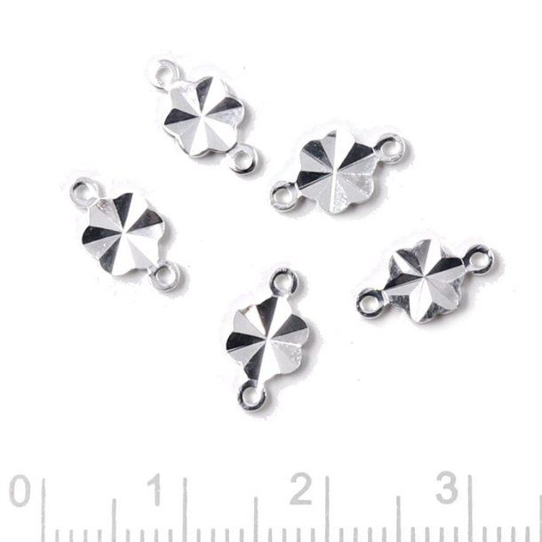 Connector bead, silver plated brass, faceted coin, 2 loops, 10,5x5,5x1mm, 6pcs