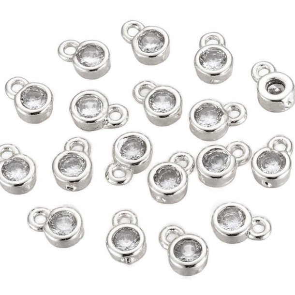 Small pendant with Cubic Zircon and loop, silver plated brass, 6x4x2mm, 4pcs