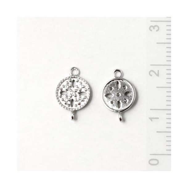 Connector with Cubic Zirkon, round with two eyes, Sterling silver, 12x8mm, 1pc.