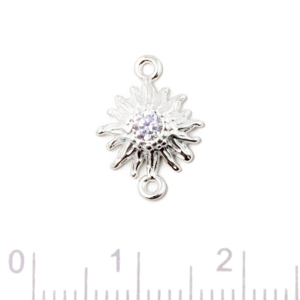 Jewelry link, flower with CZ in the center, 2 eyelets, silver, 14x10x2,5mm, 1 pc