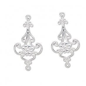 Link, ornament with flower, silver-plated brass, 23x14 mm, 4 pcs.