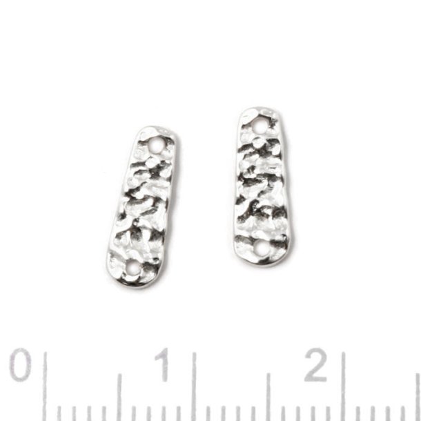 Link piece, hammered, oblong, with 2 holes, silver, 11x4x1.2 mm, 2 pcs