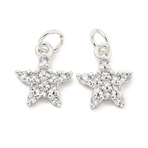 Stern mit Zirkonia und Öse, platinfarbenes Messing, 12x10x2 mm, 2 Stck