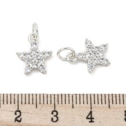 Stern mit Zirkonia und &Ouml;se, platinfarbenes Messing, 12x10x2 mm, 2 Stck