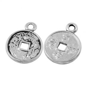 Silver-plated Chinese luck coin with eye, 12.5mm, 6pcs.