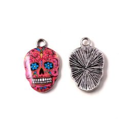 Totenkopf-Anh&auml;nger, versilbert / Emaille, pink, 21x14 mm, 1 Stk.